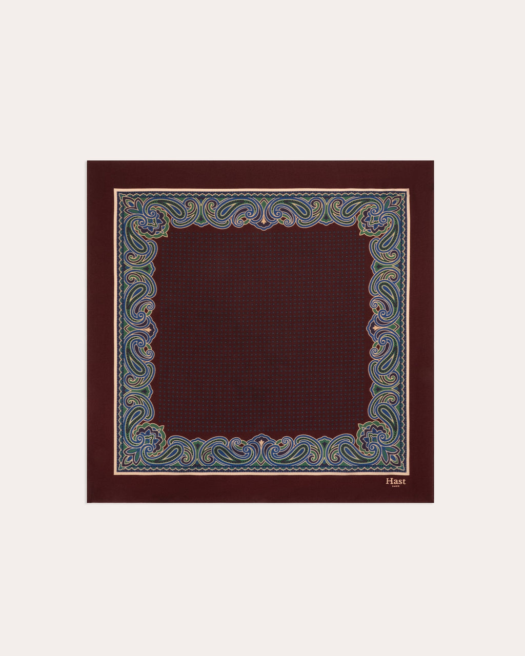Foulard en soie bordeaux et marine à motif