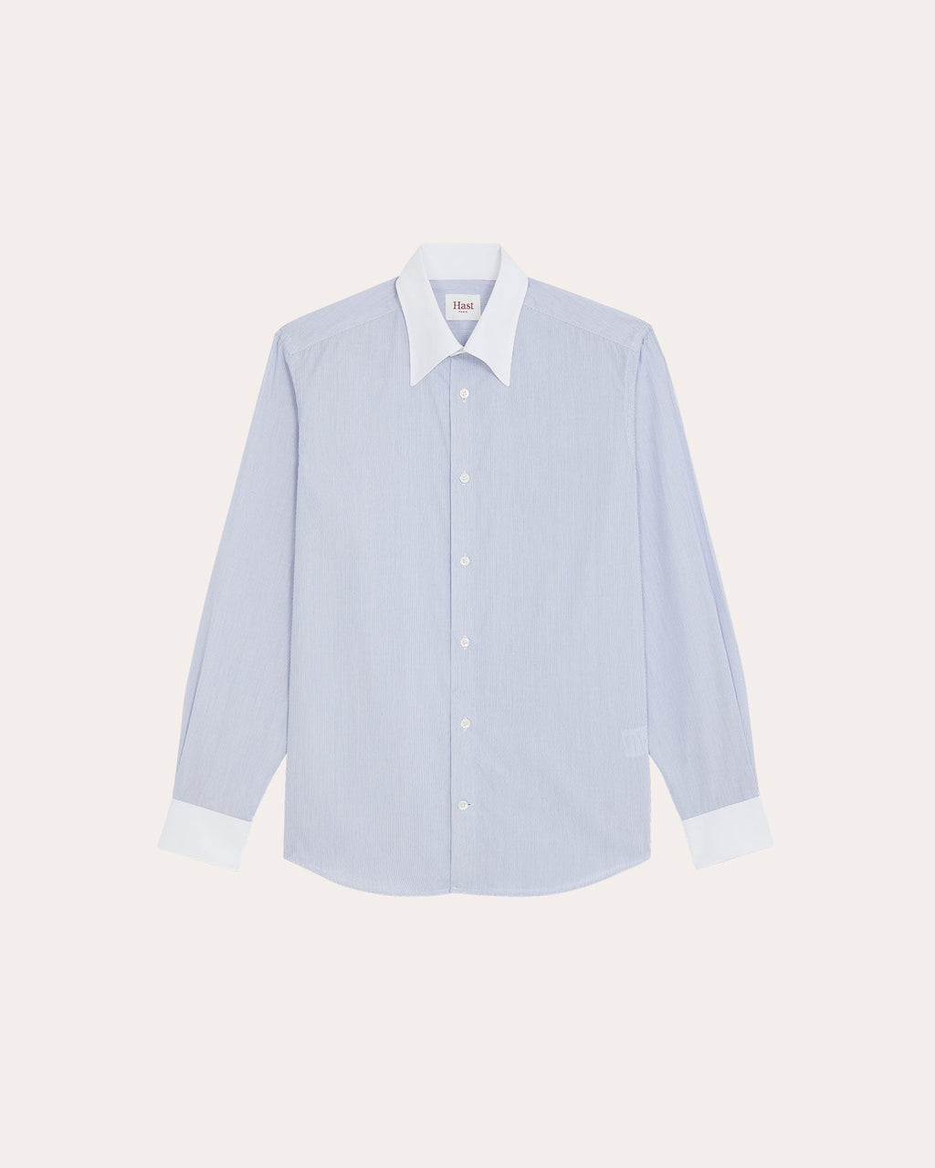 Chemise en coton bleu rayé col blanc