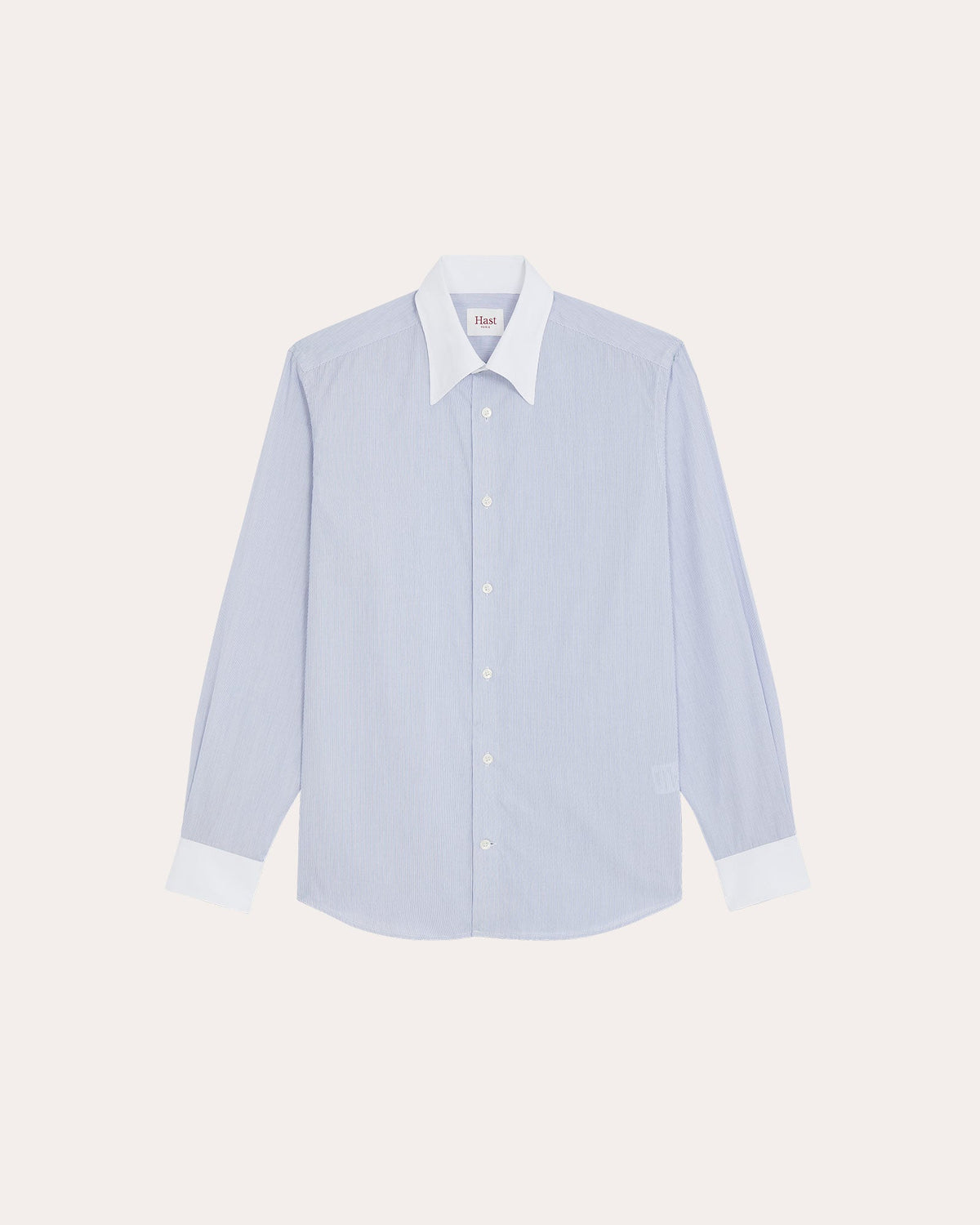 Chemise en coton bleu rayé col blanc