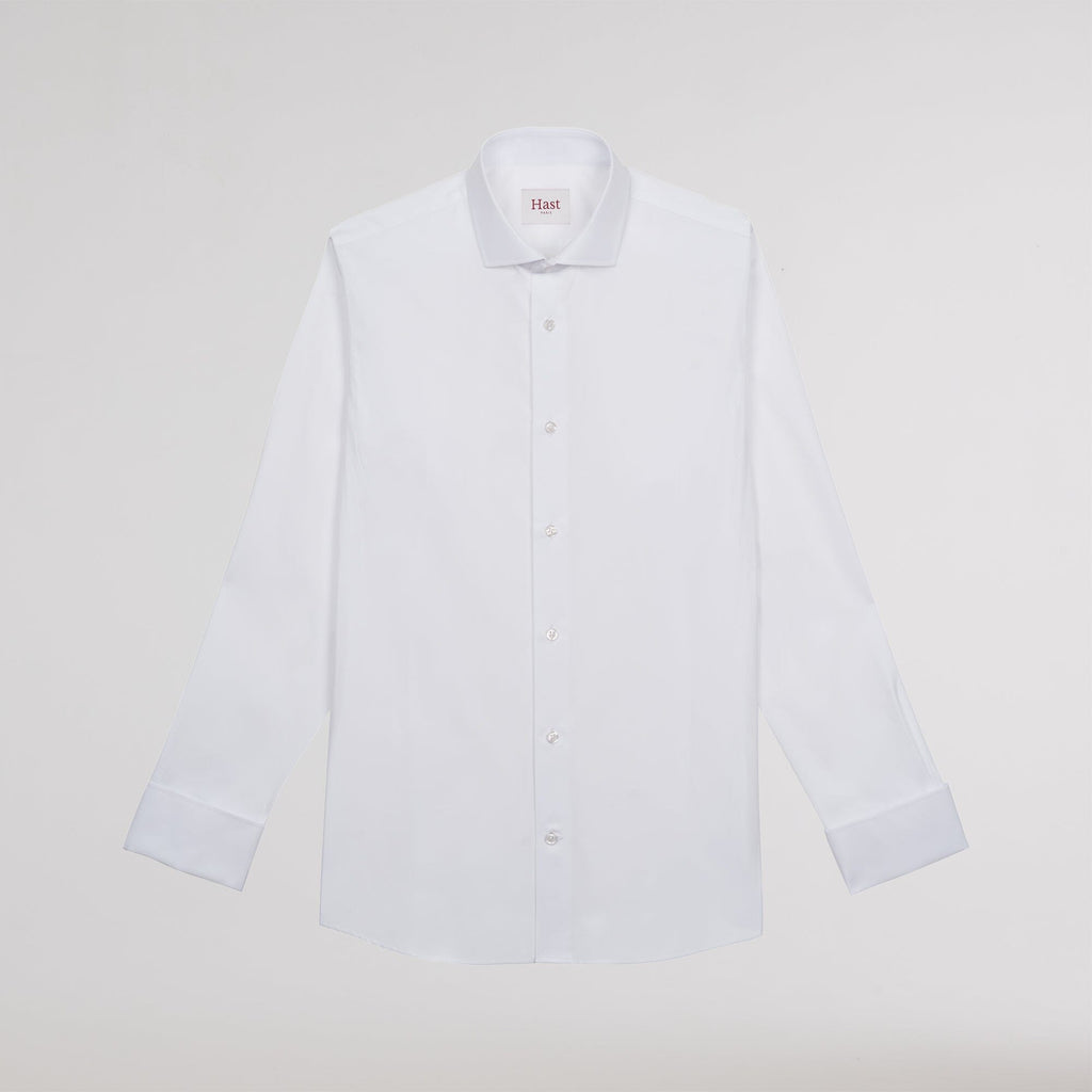 Chemise cintrée en popeline double retors blanche à poignets mousquetaires