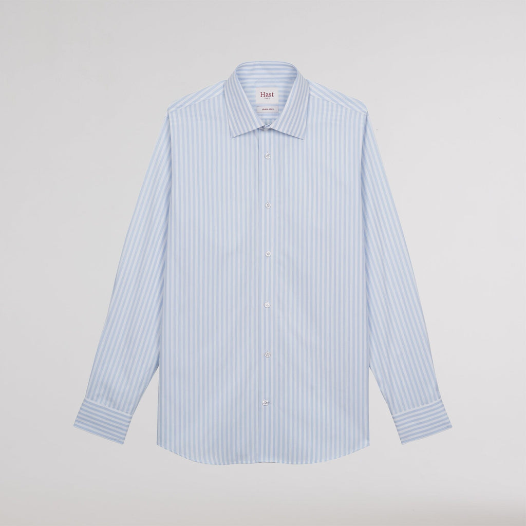 Chemise cintrée en popeline double retors à rayures bleu ciel et blanches