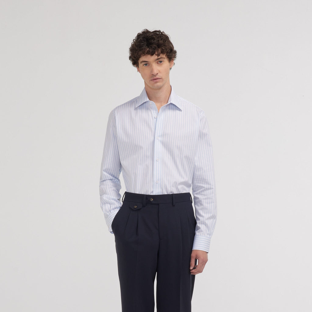 Chemise cintrée en popeline double retors à rayures bleu ciel et blanches