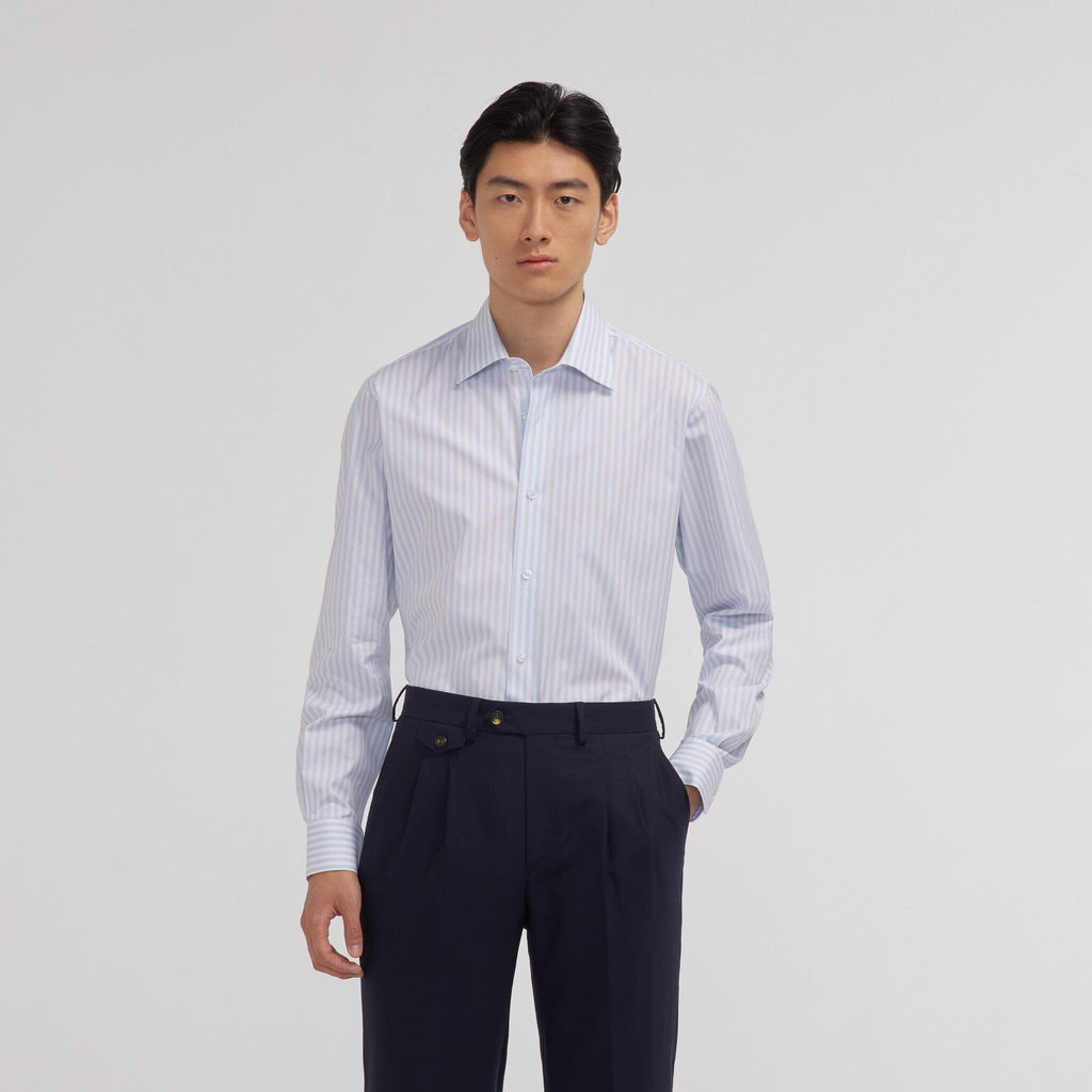 Chemise en popeline double retors à rayures bleu ciel et blanches