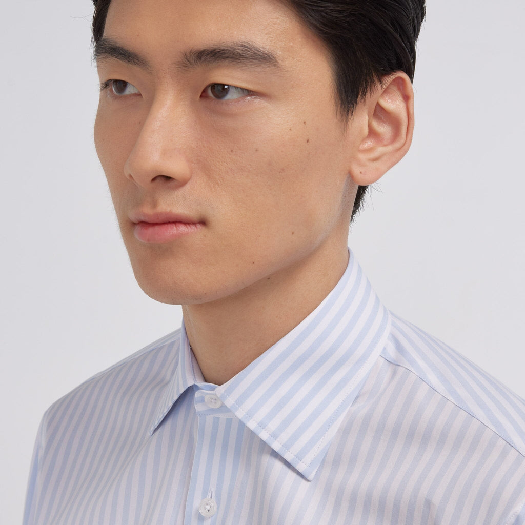 Chemise en popeline double retors à rayures bleu ciel et blanches