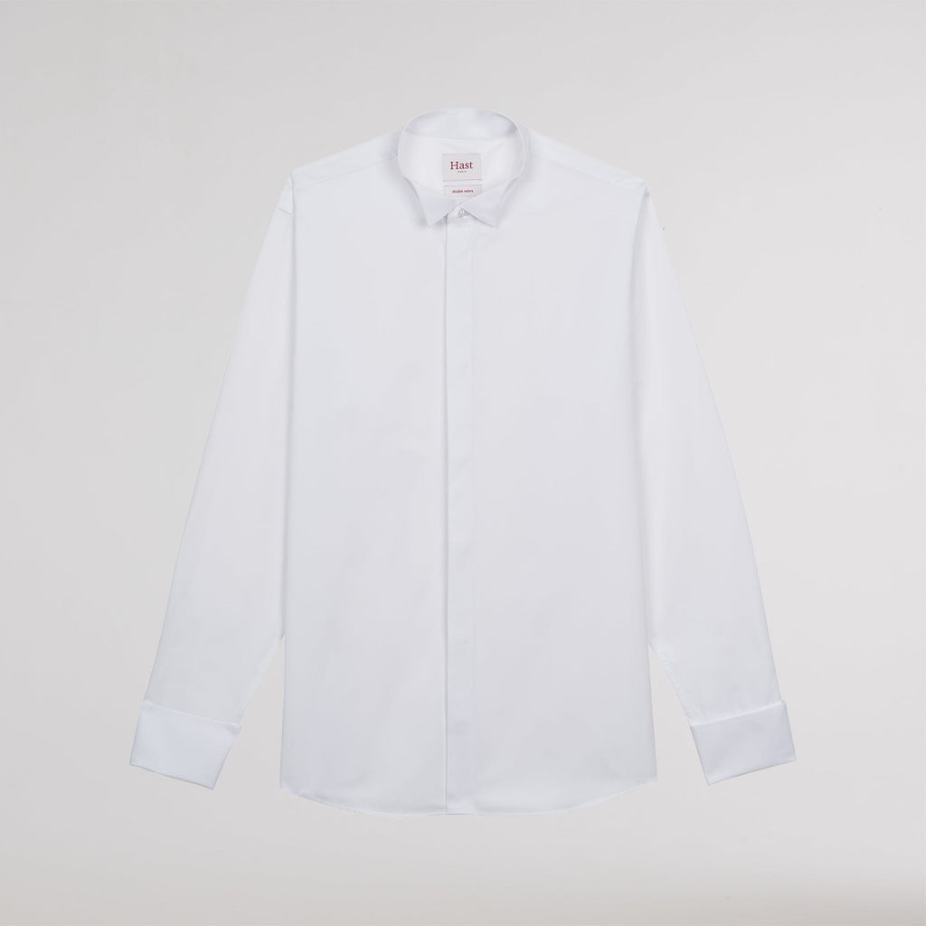 Chemise cintrée en popeline double retors blanche à poignets mousquetaires