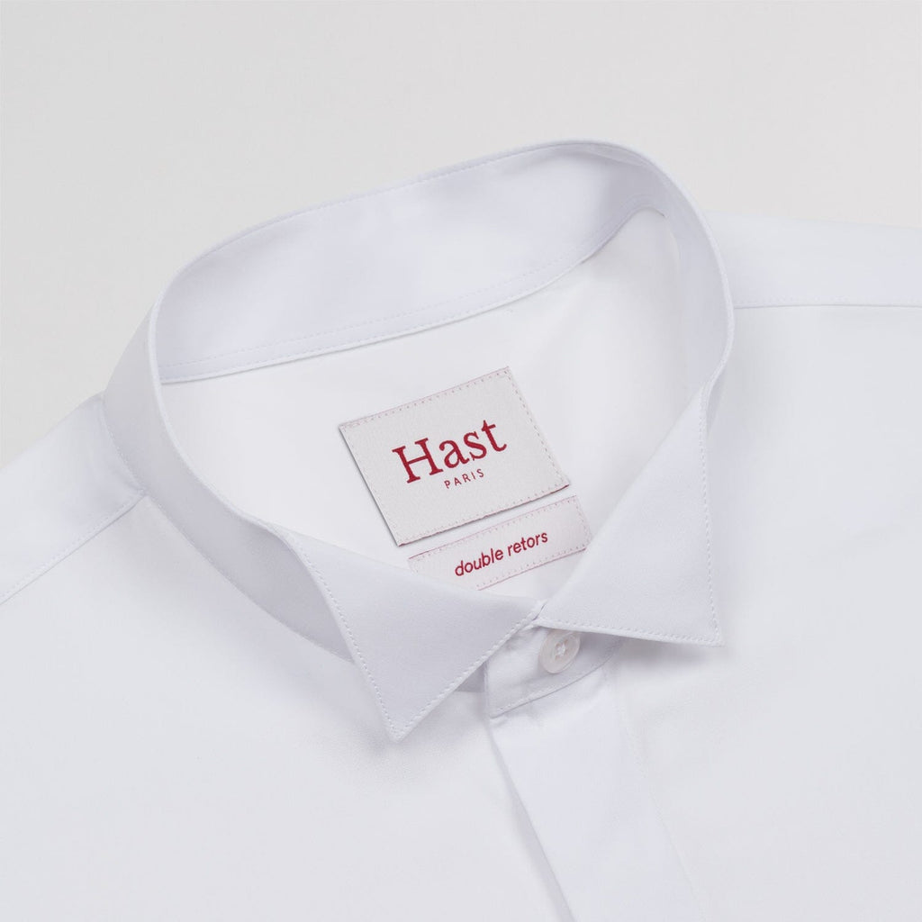 Chemise cintrée en popeline double retors blanche à poignets mousquetaires