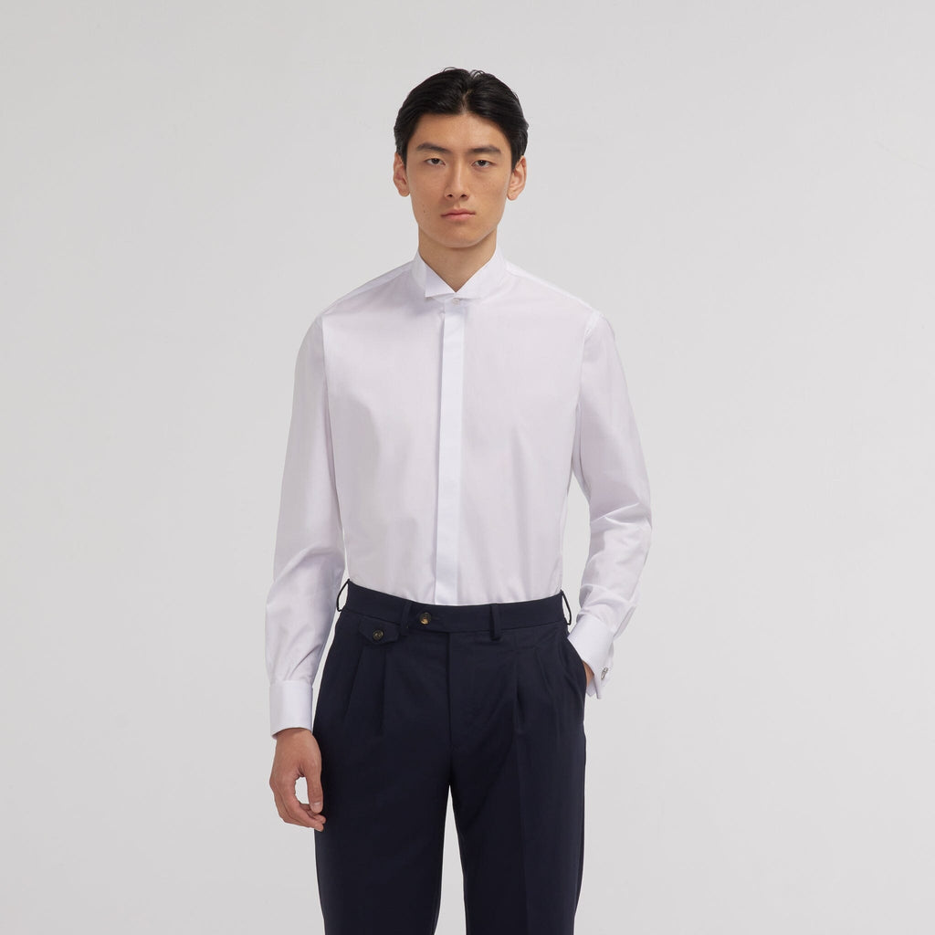 Chemise en popeline double retors blanche à poignets mousquetaires