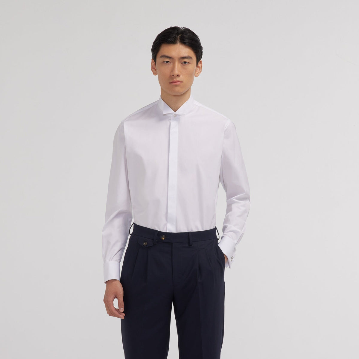 Chemise en popeline double retors blanche à poignets mousquetaires