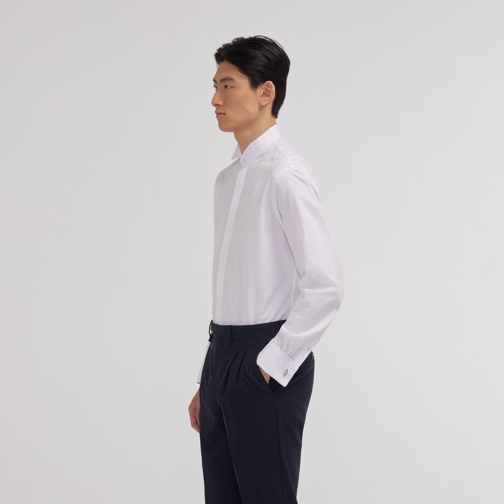Chemise en popeline double retors blanche à poignets mousquetaires