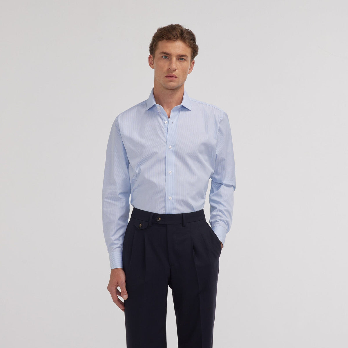 Chemise en popeline double retors à petites rayures bleu ciel