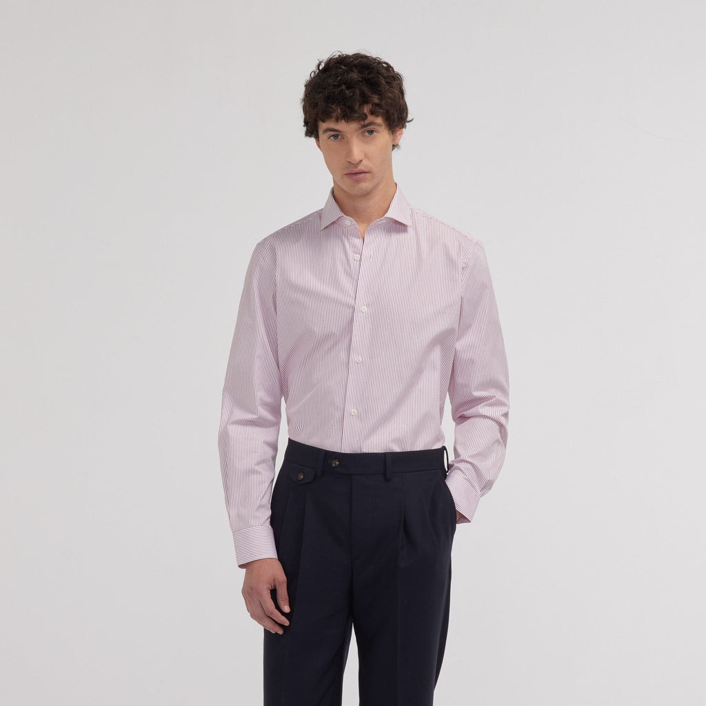 Chemise cintrée en popeline double retors à fines rayures rouges