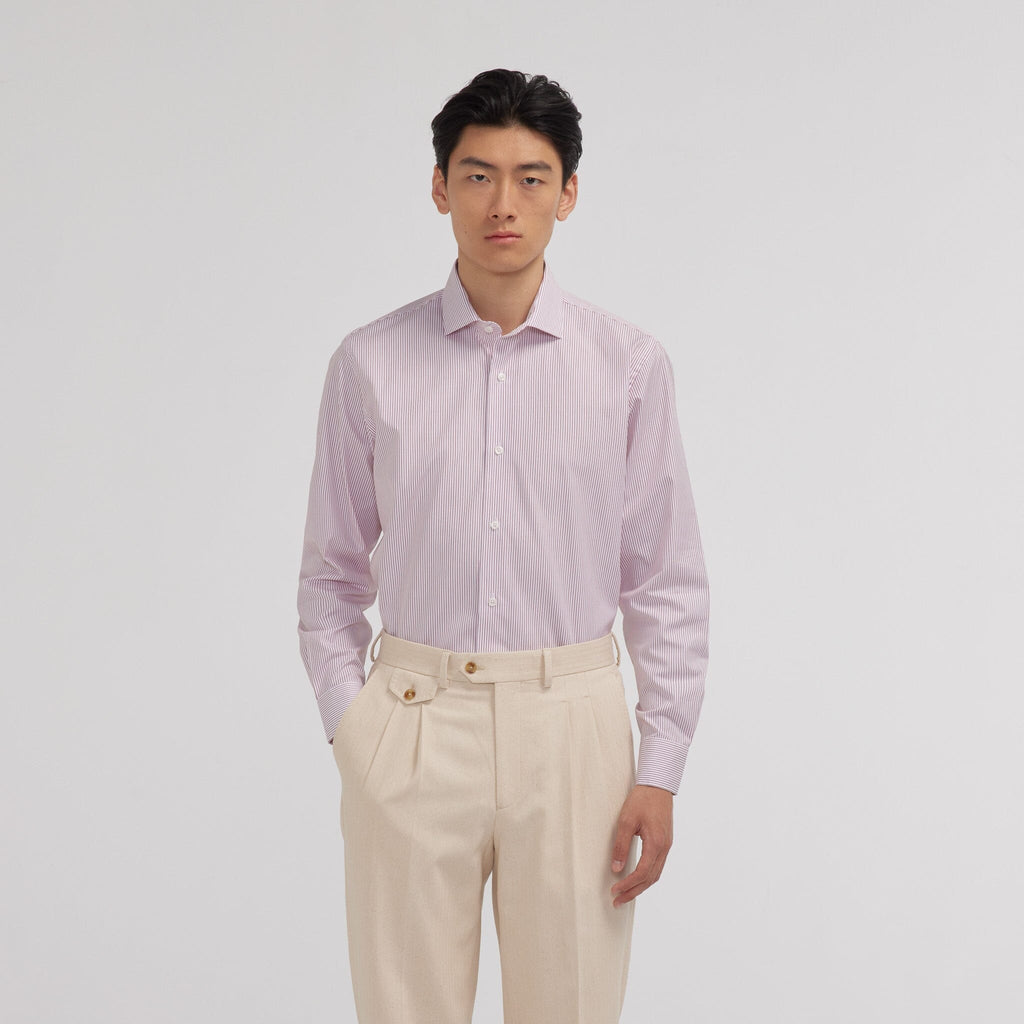 Chemise en popeline double retors à fines rayures rouges