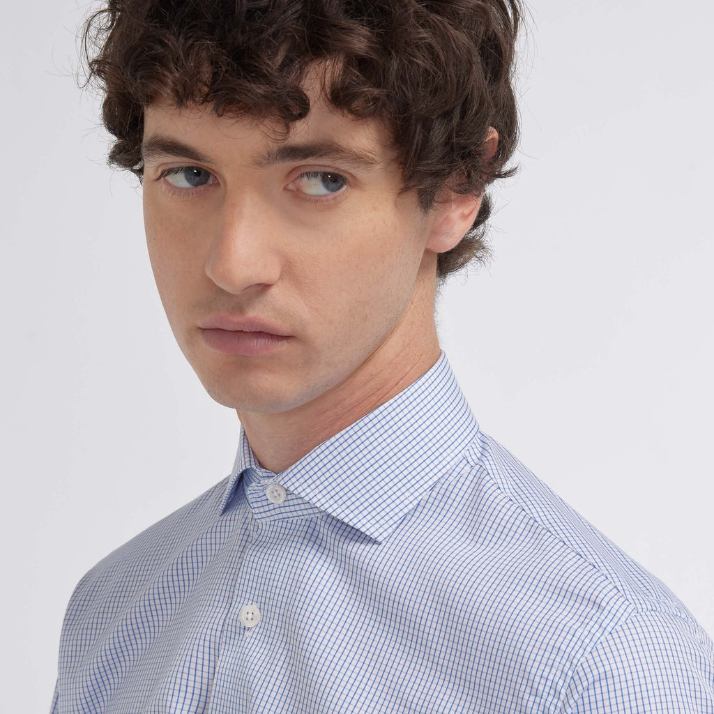 Chemise cintrée en popeline double retors à carreaux bleu foncé