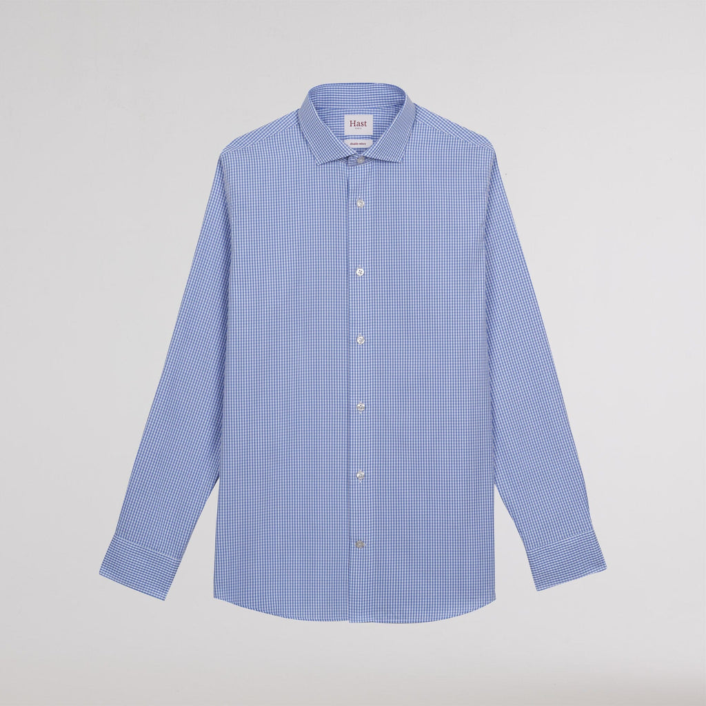 Chemise cintrée en popeline double retors vichy bleue