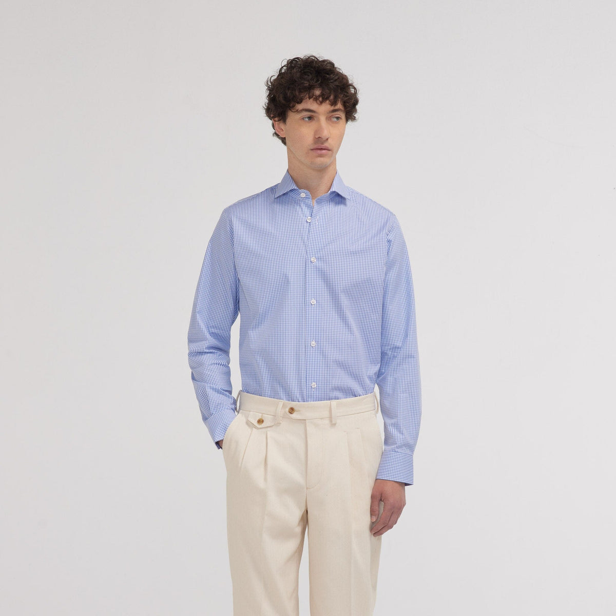 Chemise cintrée en popeline double retors vichy bleue