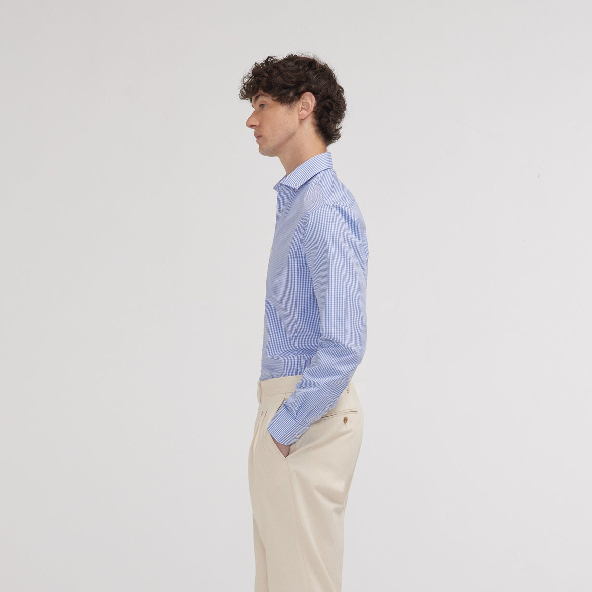 Chemise cintrée en popeline double retors vichy bleue