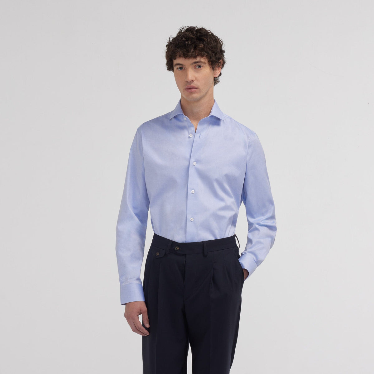 Chemise grande longueur cintrée en oxford bleue