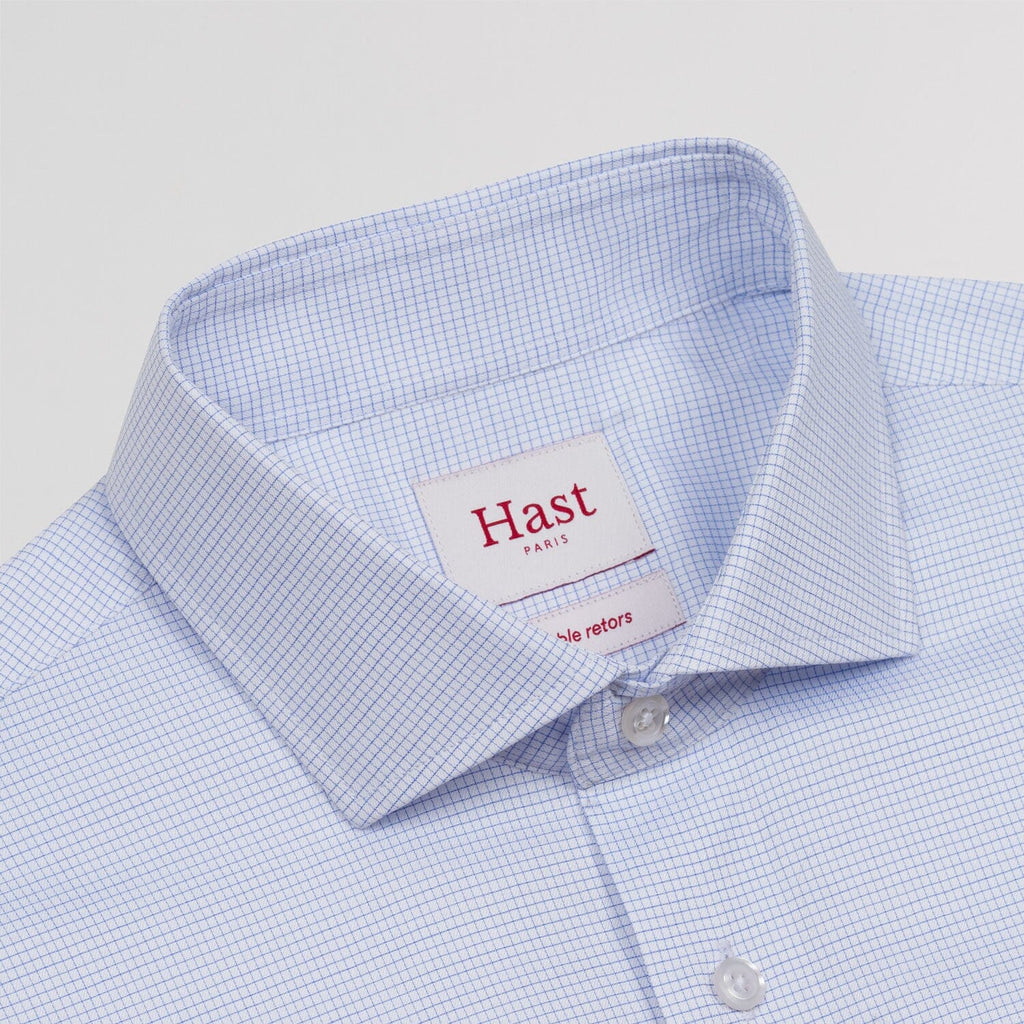 Chemise cintrée en twill double retors à fins carreaux bleus