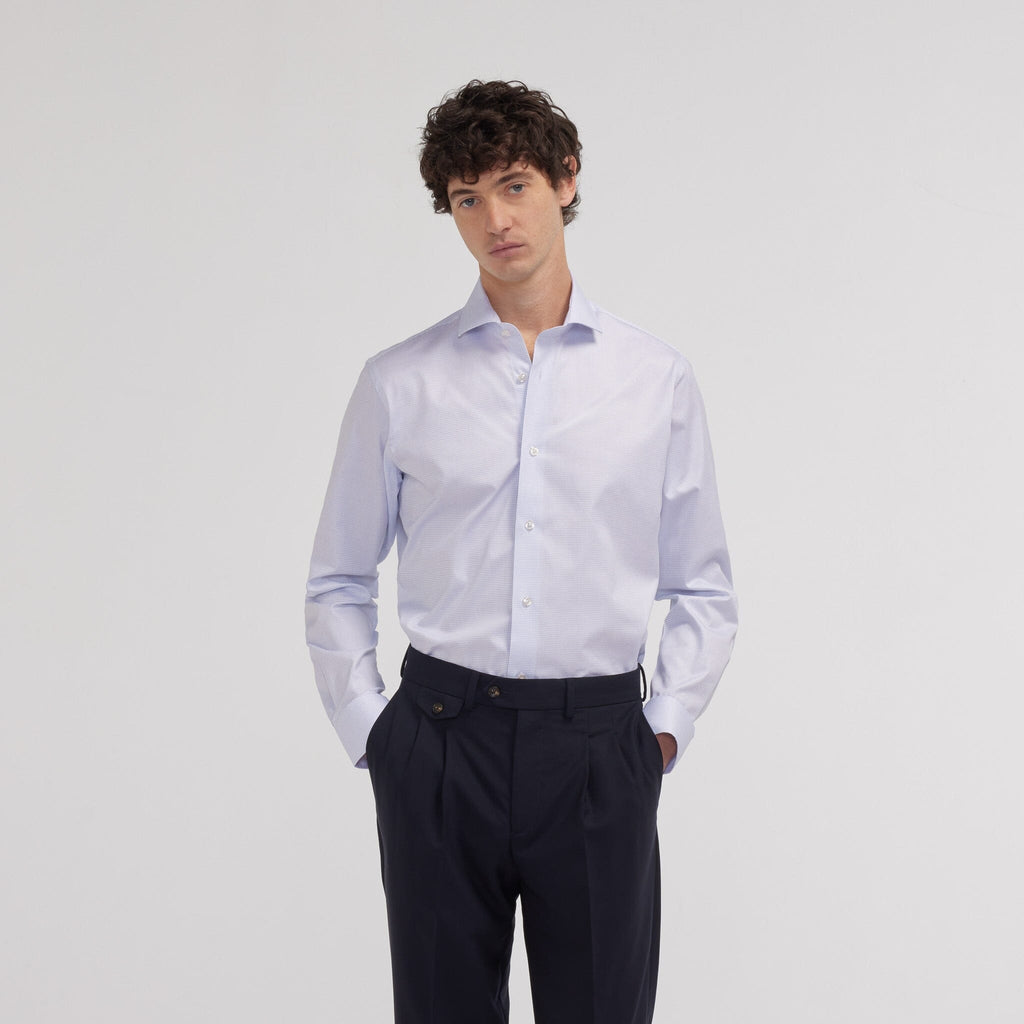 Chemise cintrée en twill double retors à fins carreaux bleus