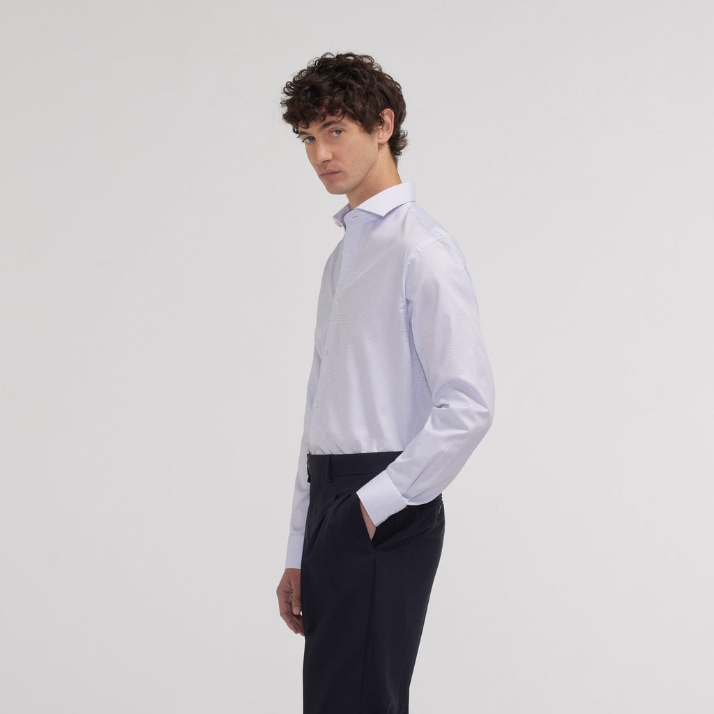 Chemise cintrée en twill double retors à fins carreaux bleus