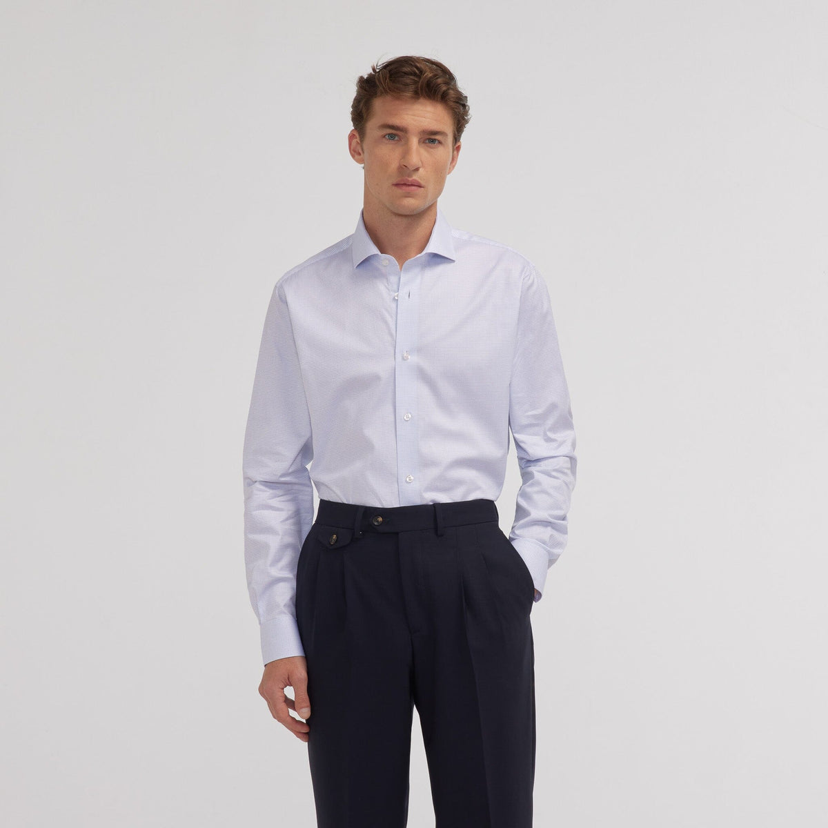 Chemise en twill double retors à fins carreaux bleus