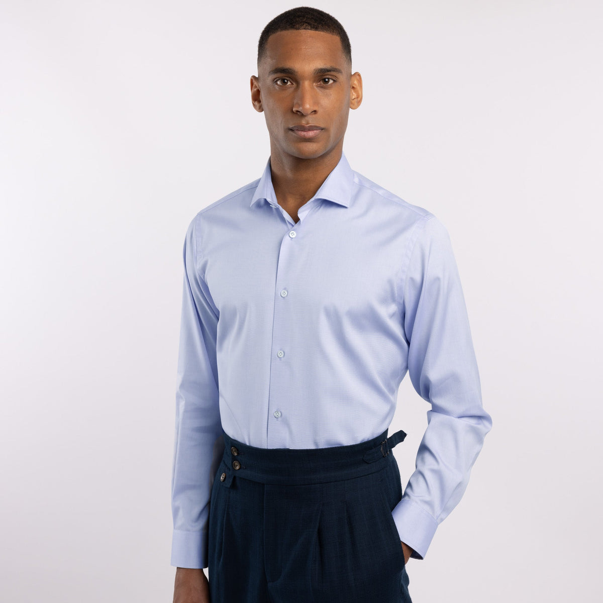 Chemise premium Thomas Mason en pinpoint bleu uni