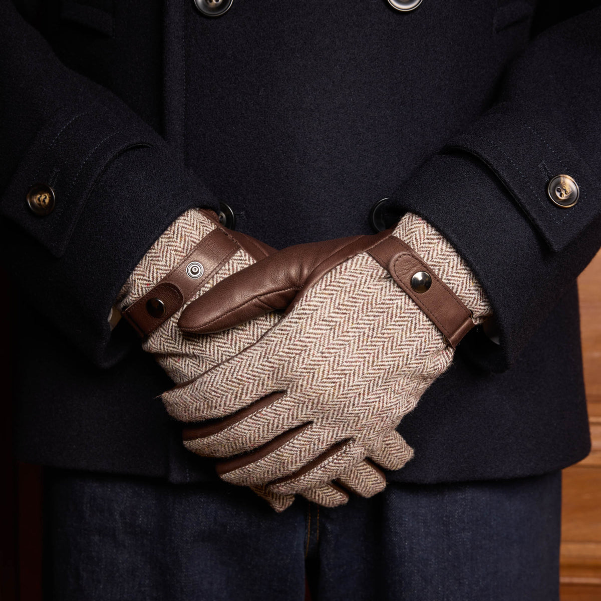 Gants en cuir et laine à chevrons marron