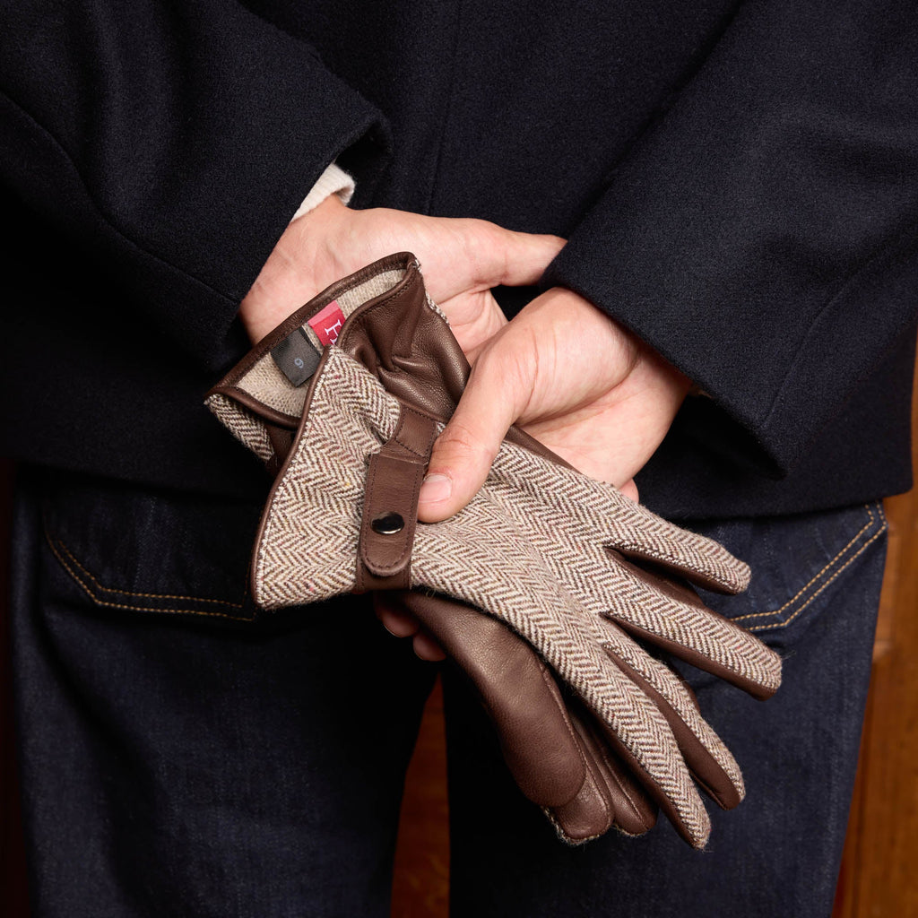 Gants en cuir et laine à chevrons marron