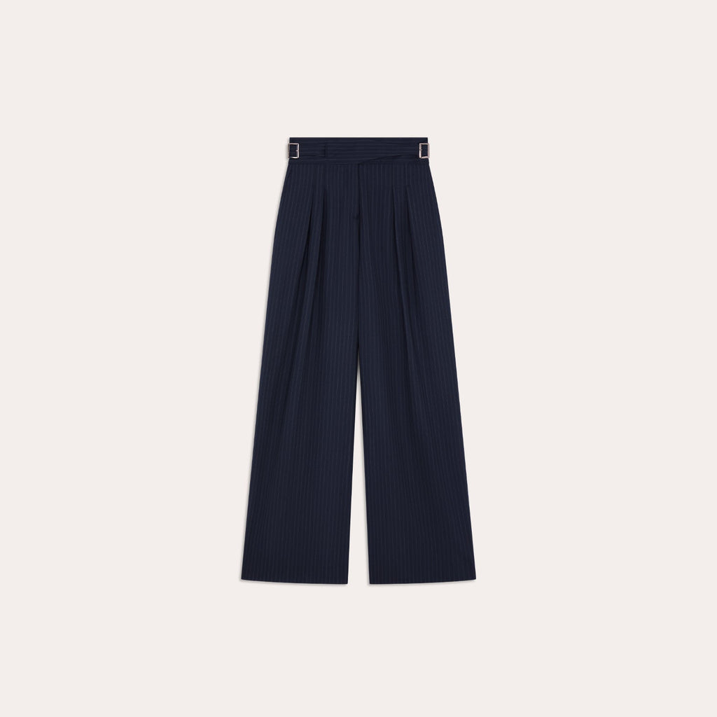 Pantalon Gurkha à plis en laine rayée marine
