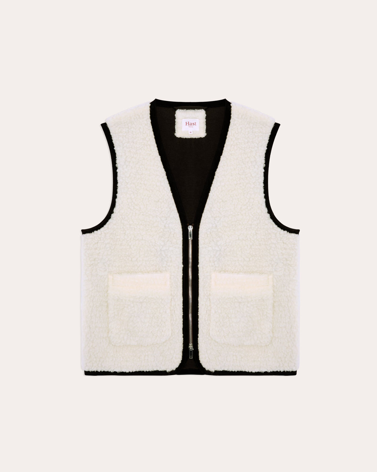 Gilet en laine naturel, détails velours chocolat