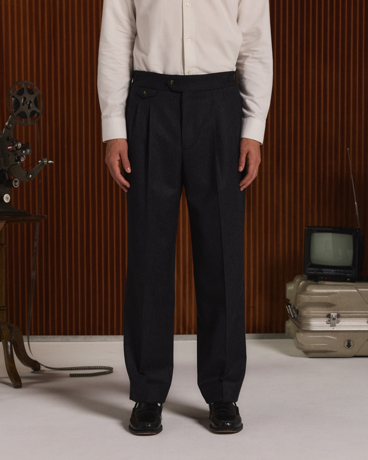 Costume croisé en flanelle de laine marine rayée