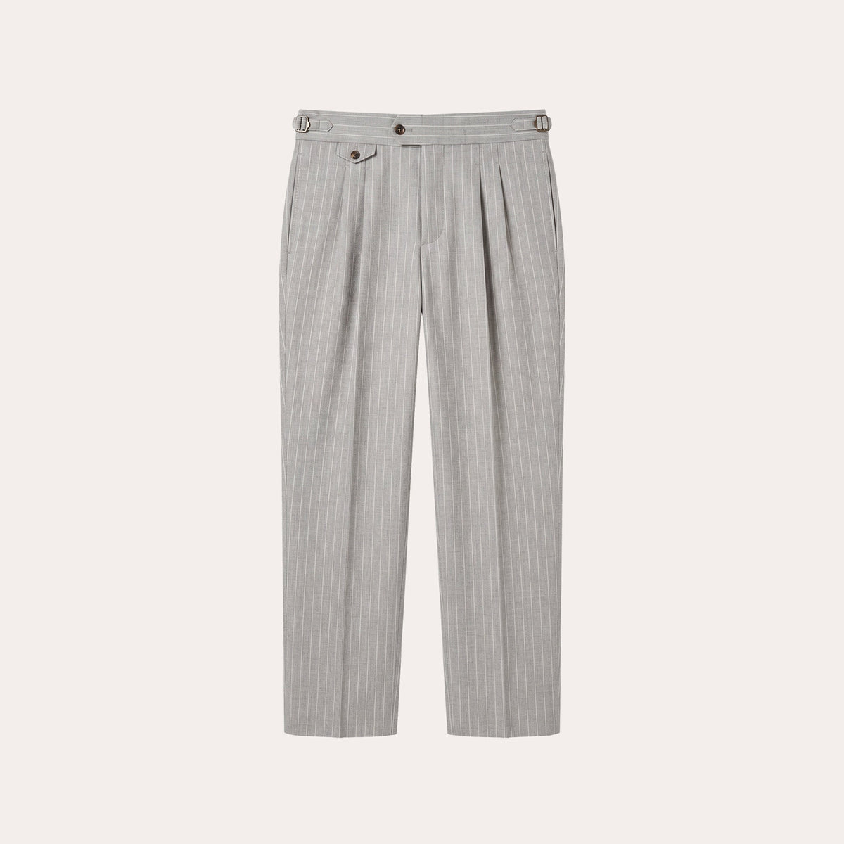 Pantalon à pinces en laine froide gris perle rayé