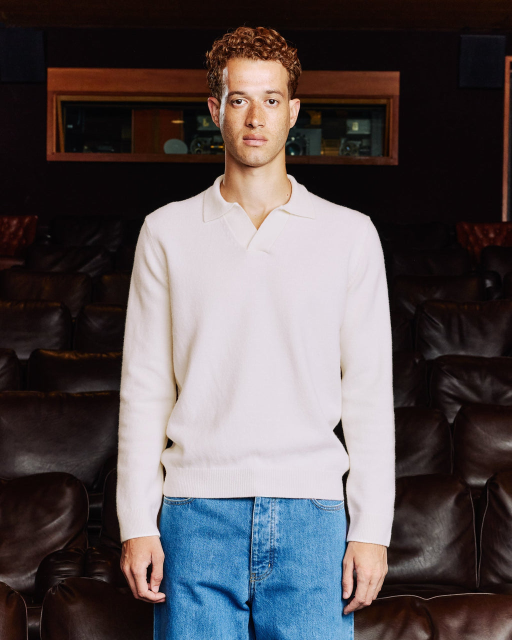 Pull à col polo en laine mérinos écru