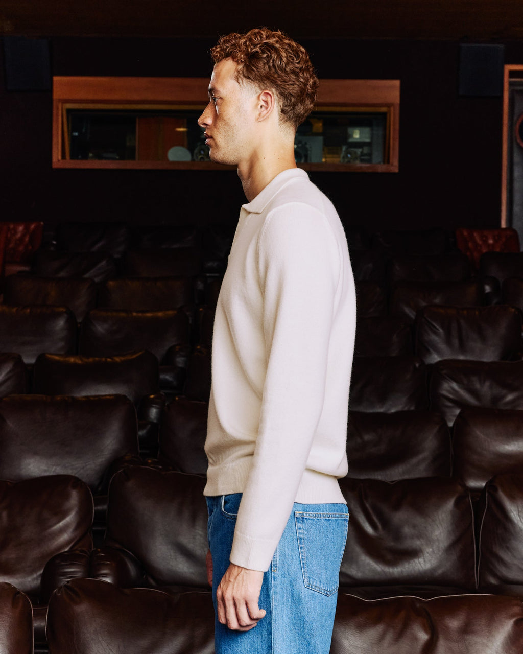Pull à col polo en laine mérinos écru