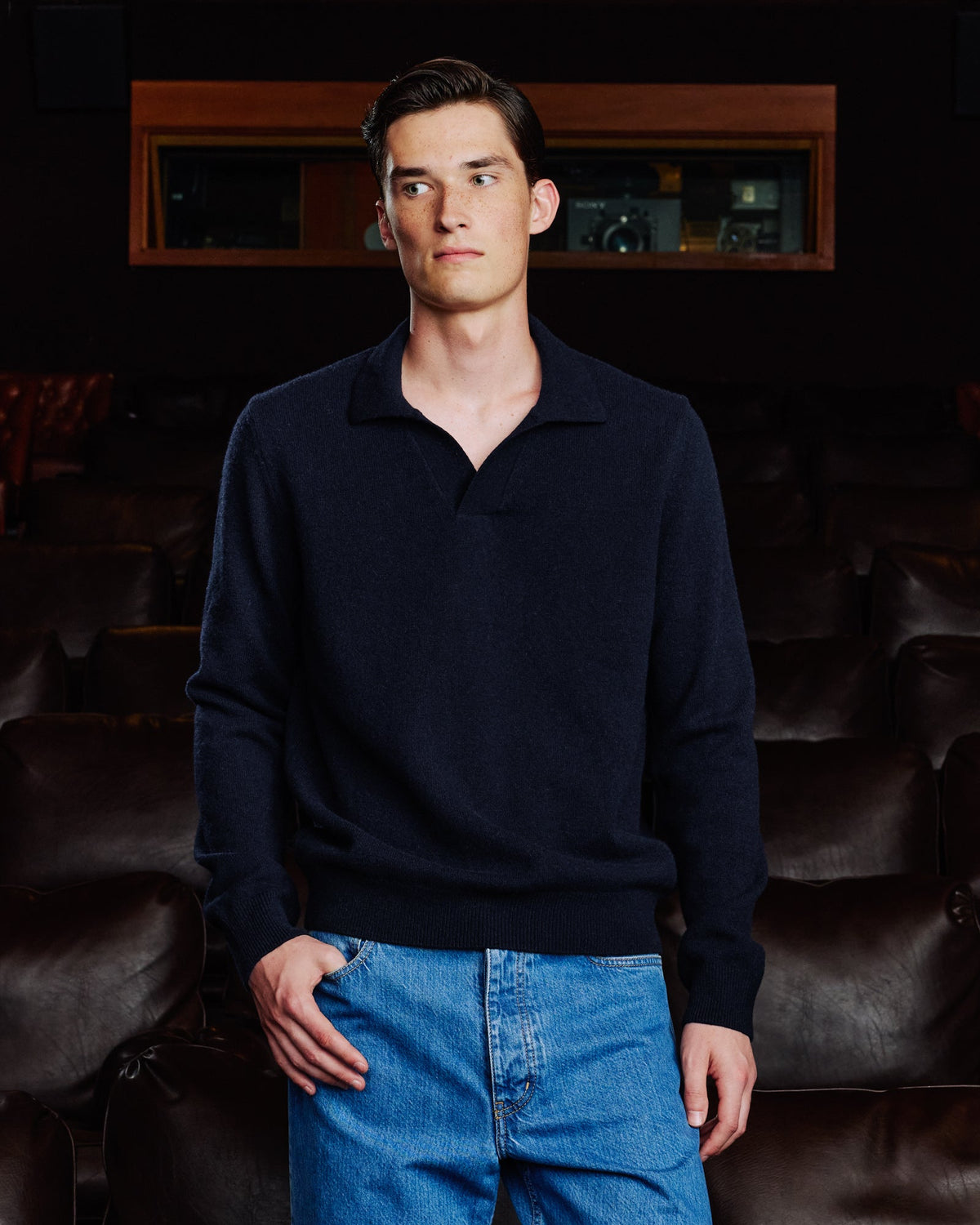 Pull col polo en laine mérinos extrafine marine