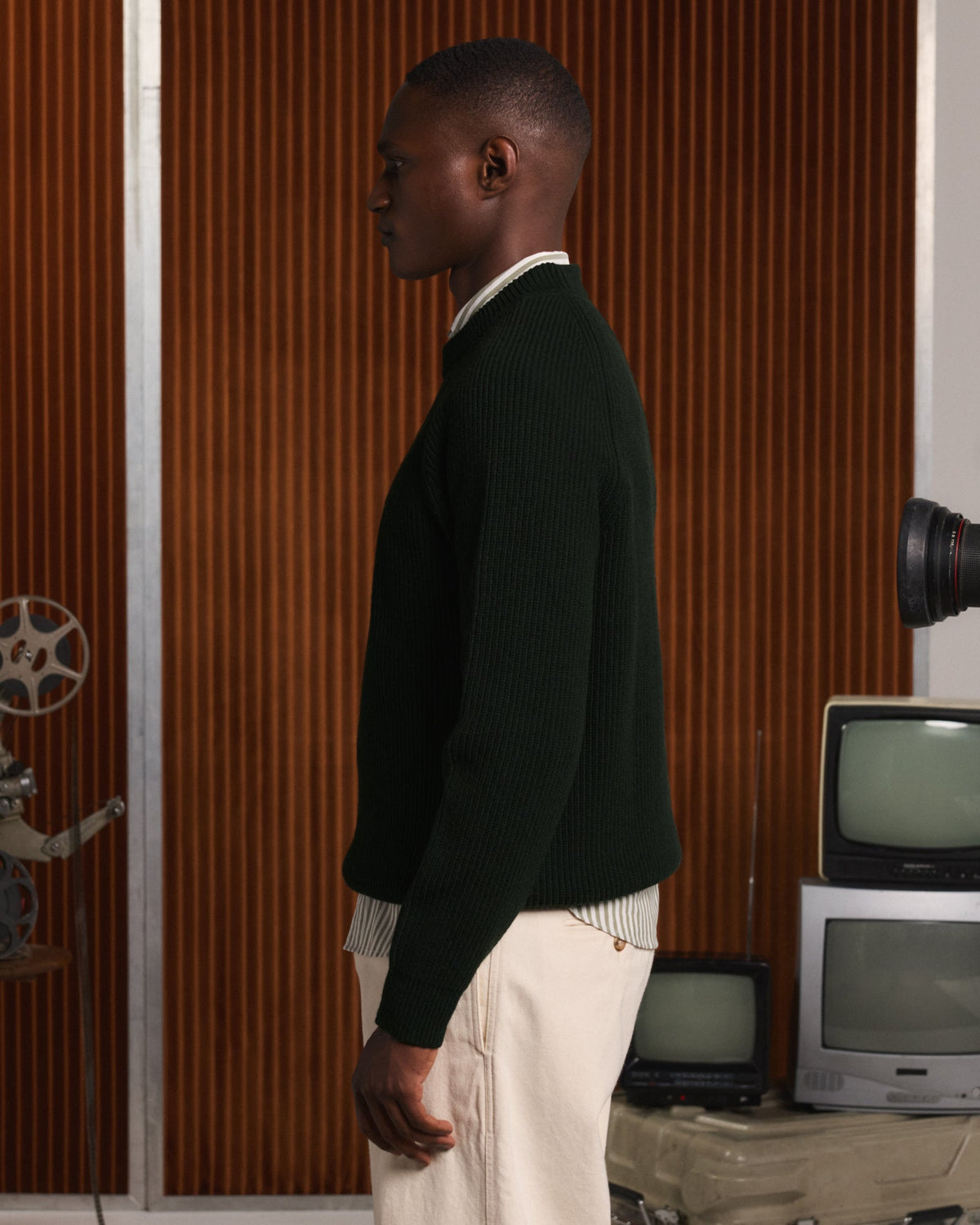 Pull col rond en laine vierge mérinos extrafine kaki