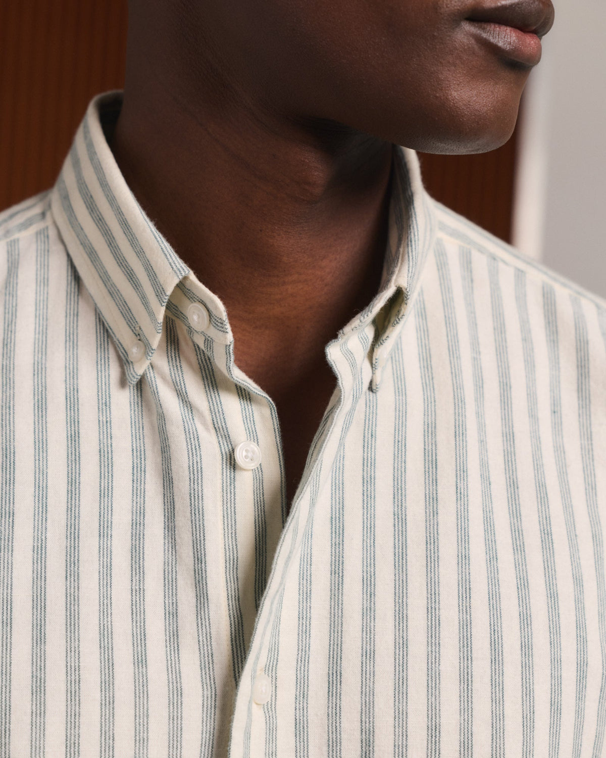 Chemise en flanelle de coton et lin écrue à rayures vertes