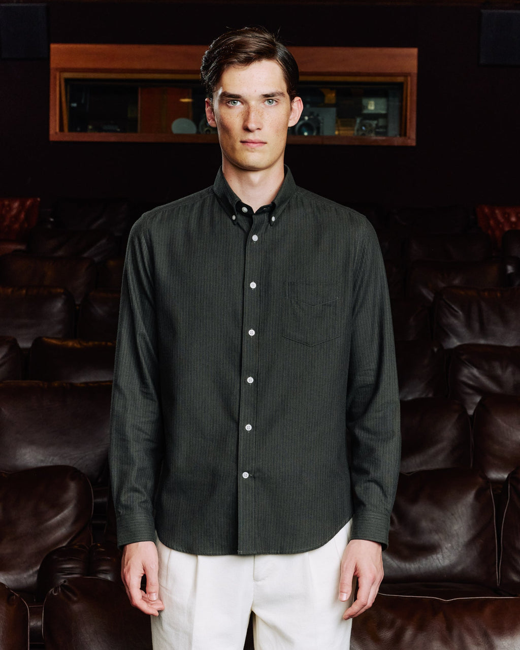 Chemise en flanelle de coton et laine vert rayé