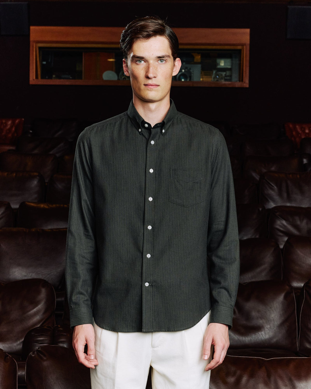 Chemise en flanelle de coton et laine vert rayé