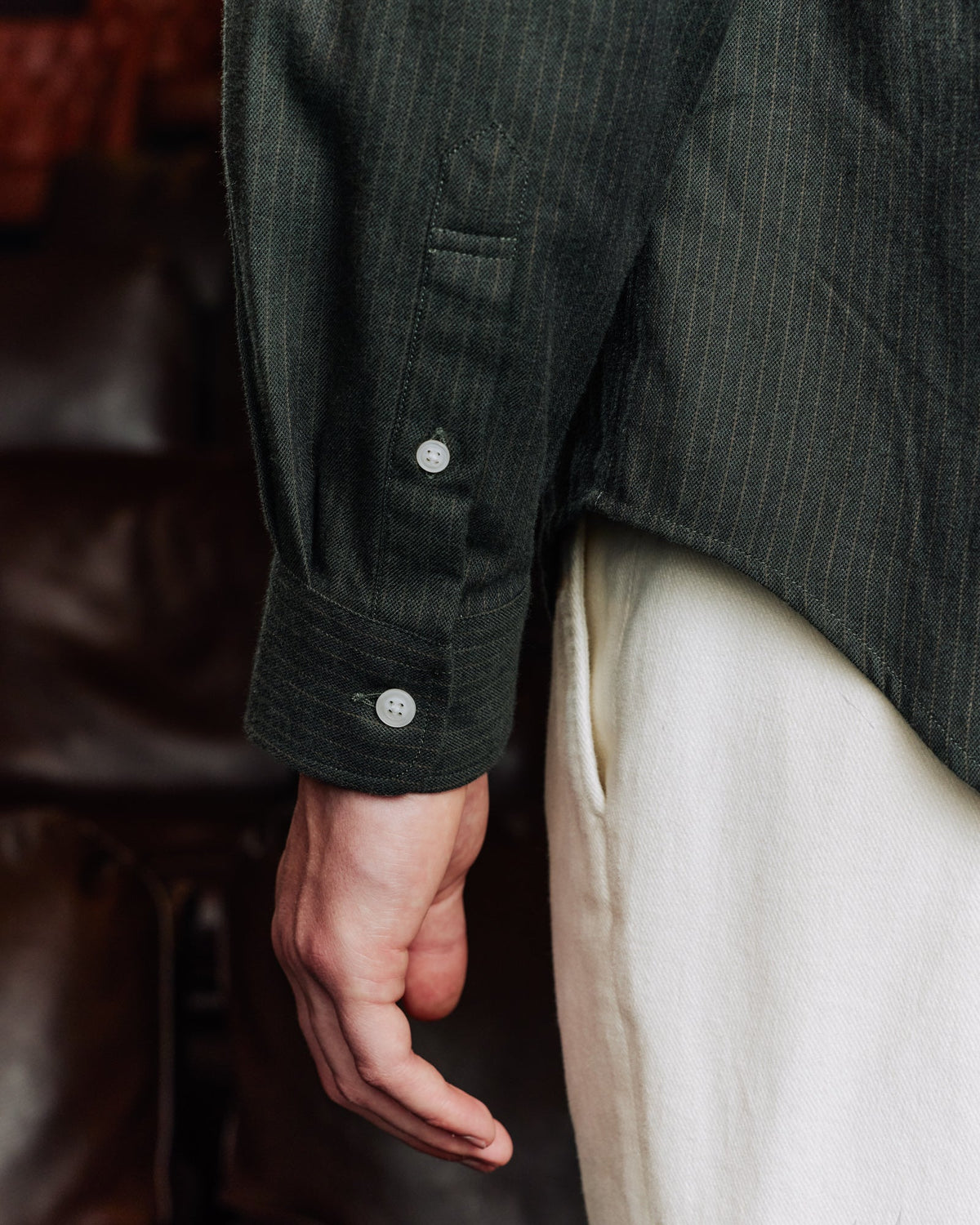Chemise en flanelle de coton et laine vert rayé