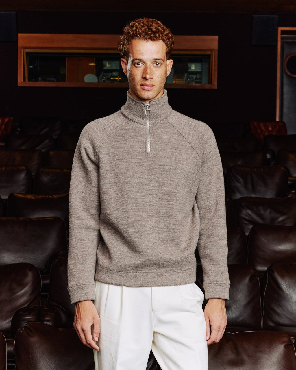 Sweat à col zippé en laine point milano marron
