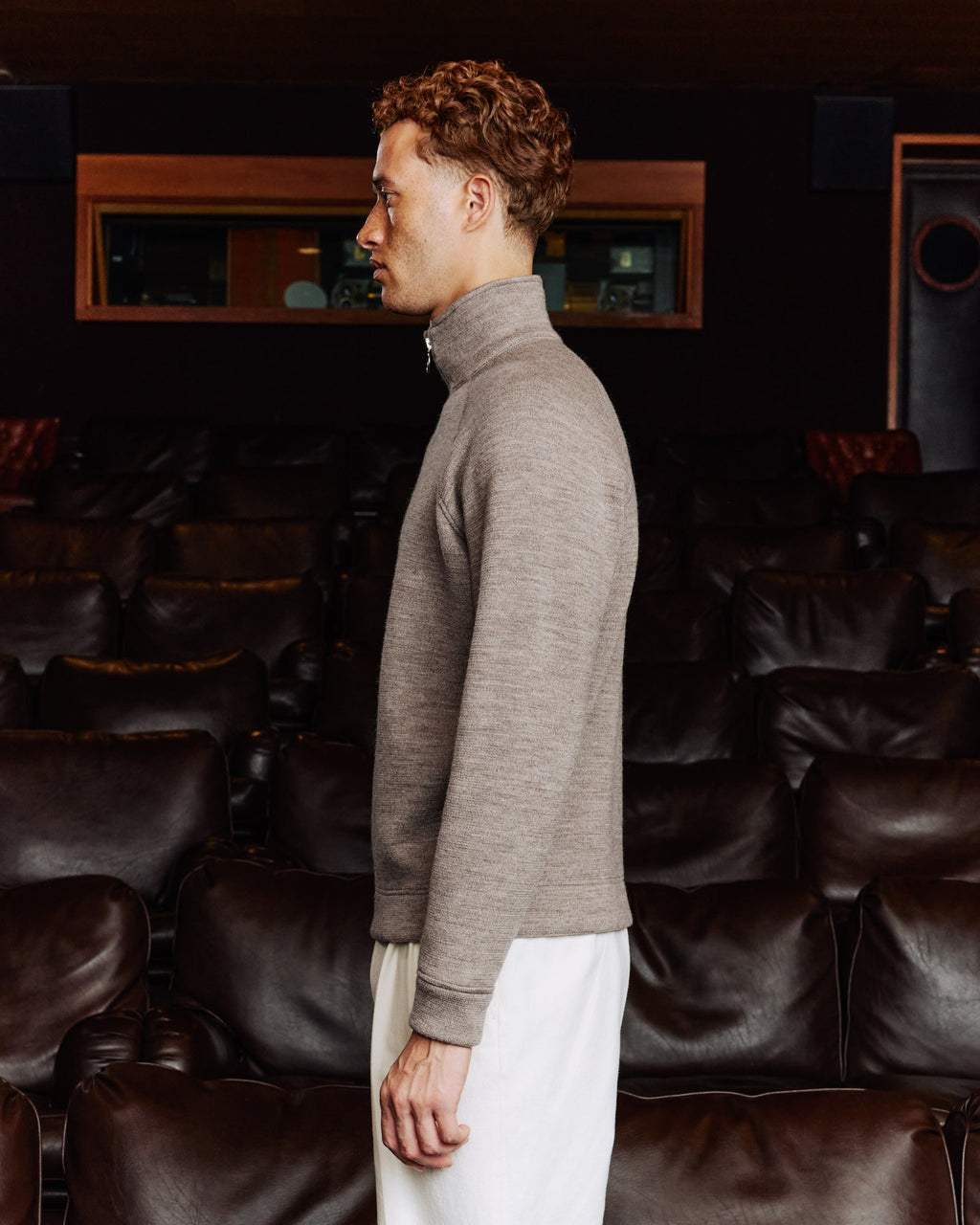 Sweat à col zippé en laine point milano marron