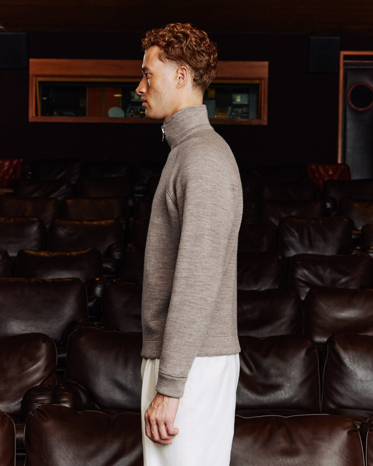 Sweat à col zippé en laine point milano marron