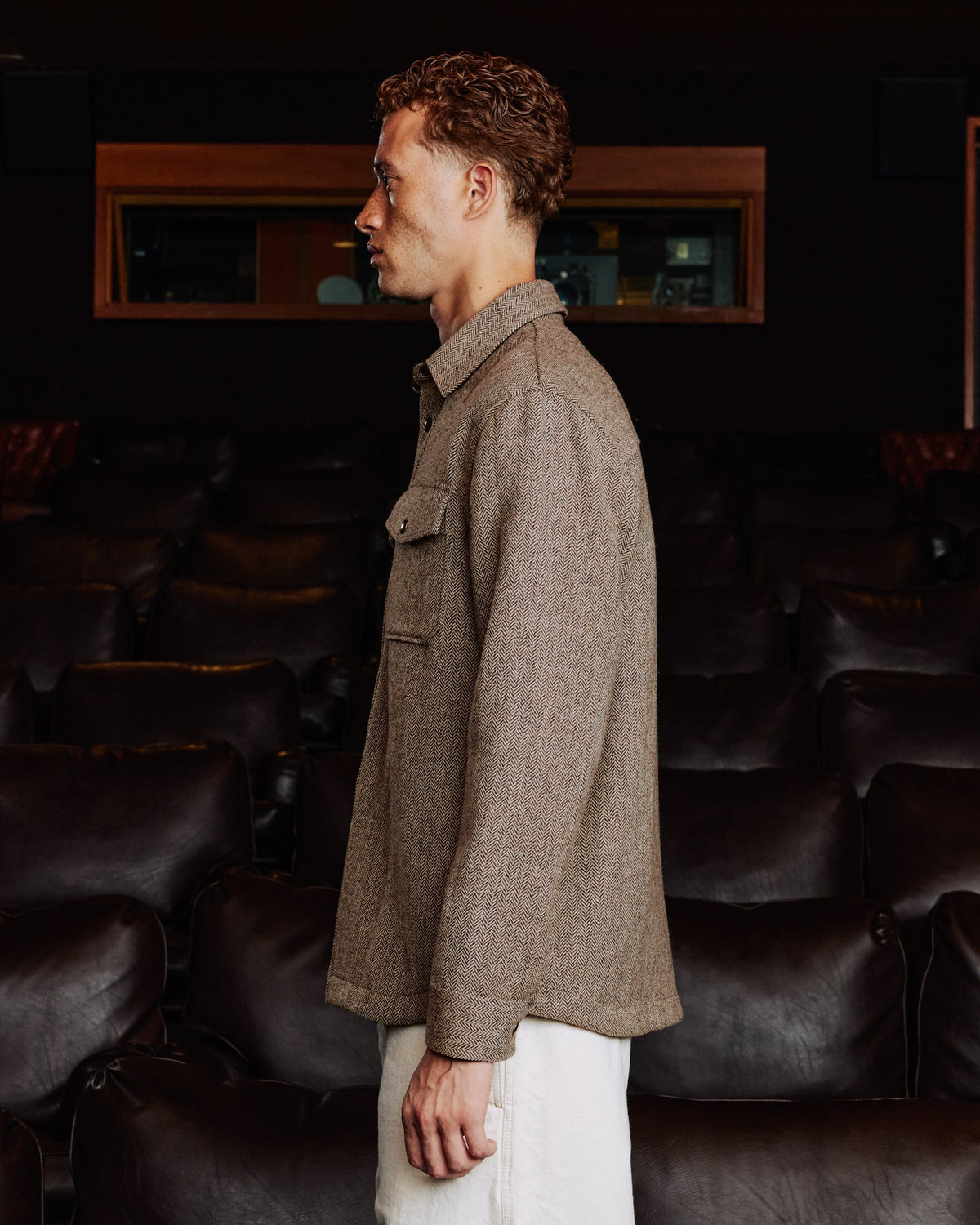 Veste de travail en laine chevrons matelassée marron