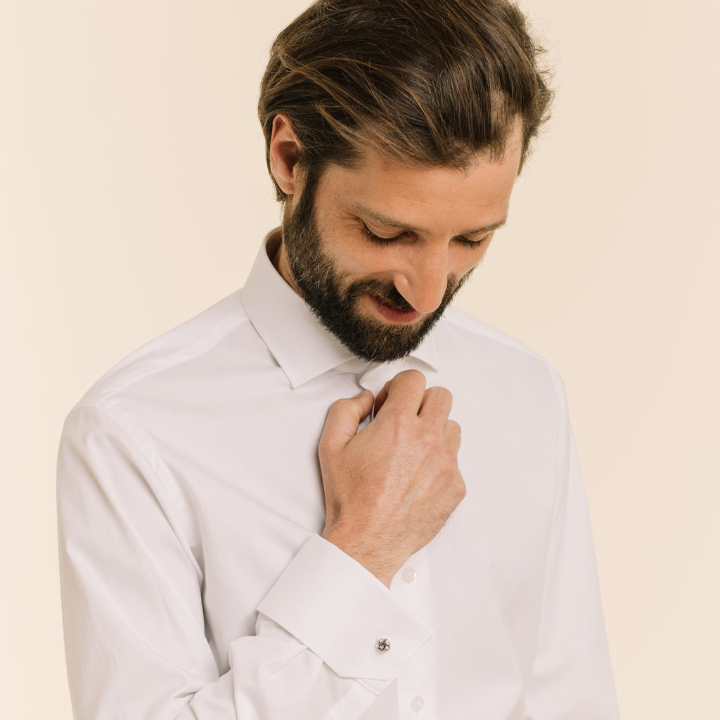 Chemise en oxford double retors blanche à poignets mousquetaires