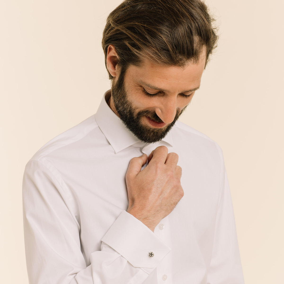 Chemise en oxford double retors blanche à poignets mousquetaires