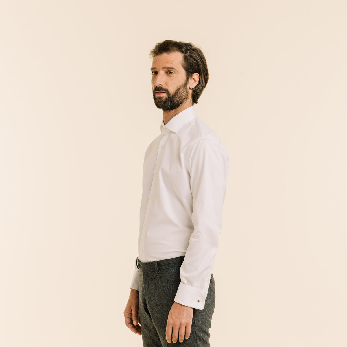 Chemise en oxford double retors blanche à poignets mousquetaires