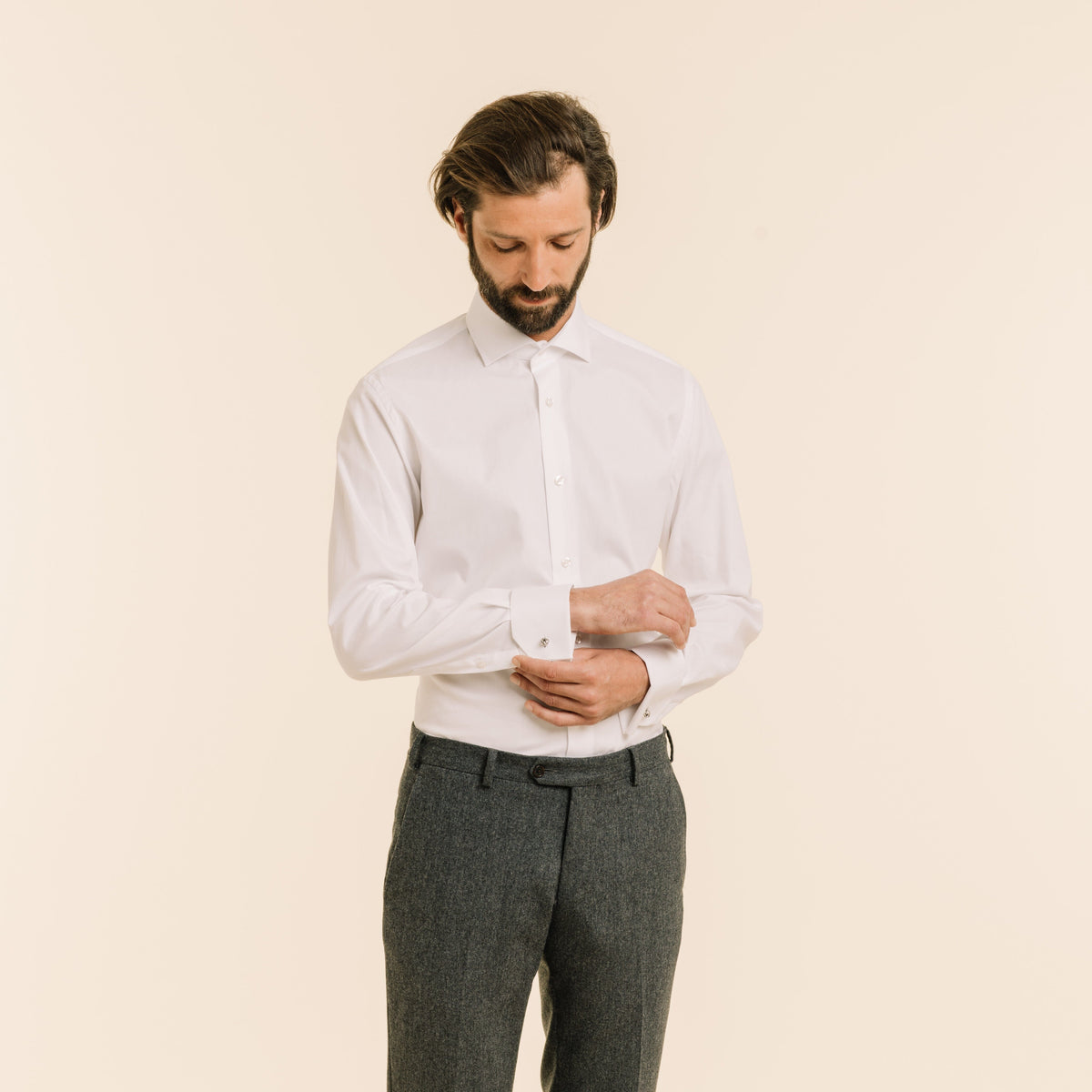 Chemise en oxford double retors blanche à poignets mousquetaires